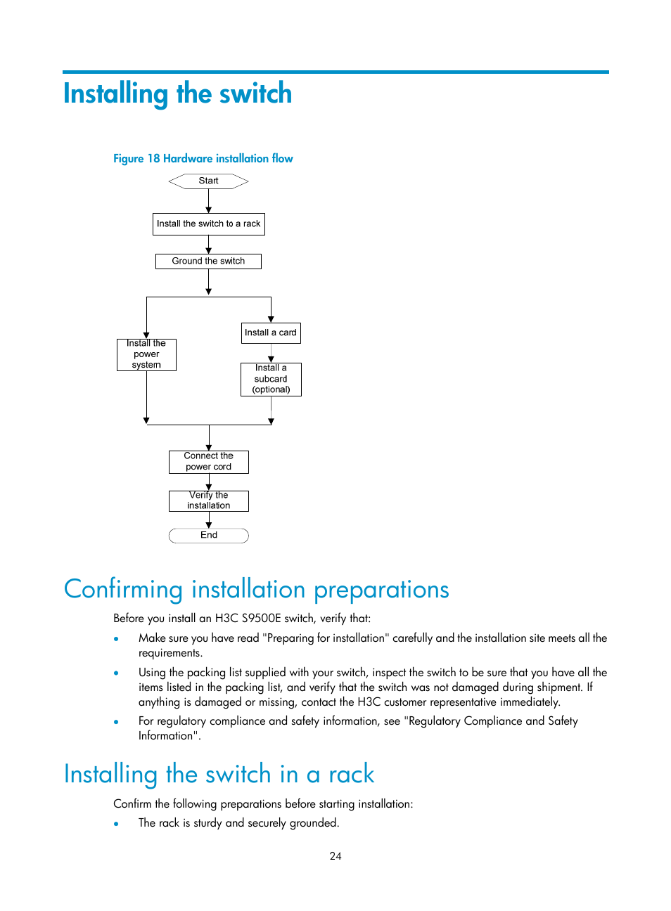 Installing the switch, Confirming installation preparations, Installing the switch in a rack | H3C Technologies H3C S9500E Series Switches User Manual | Page 34 / 154