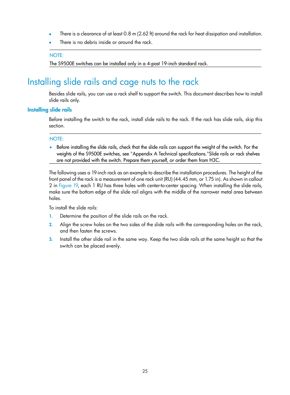 Installing slide rails and cage nuts to the rack, Installing slide rails | H3C Technologies H3C S9500E Series Switches User Manual | Page 35 / 154