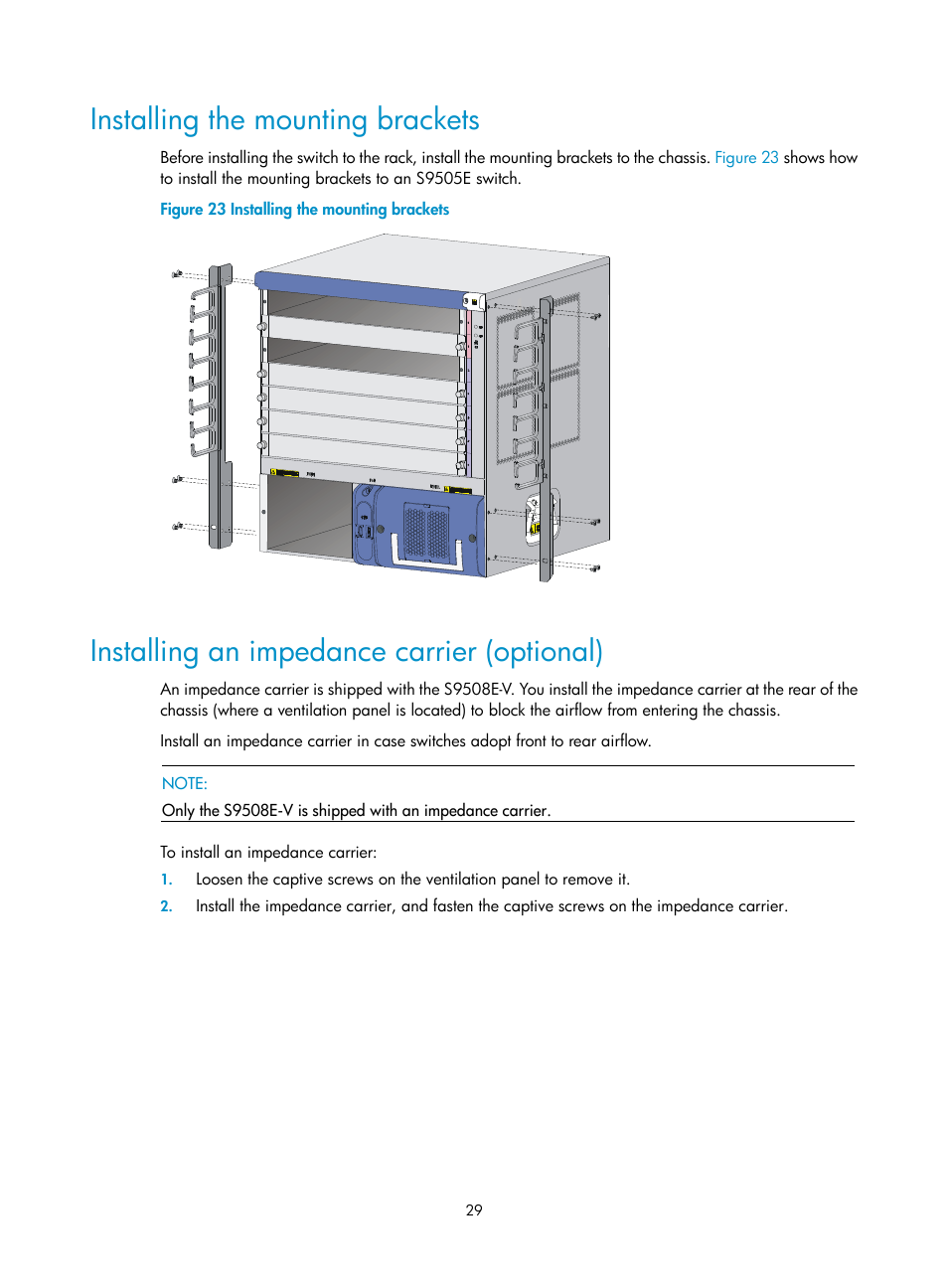 Installing the mounting brackets, Installing an impedance carrier (optional) | H3C Technologies H3C S9500E Series Switches User Manual | Page 39 / 154