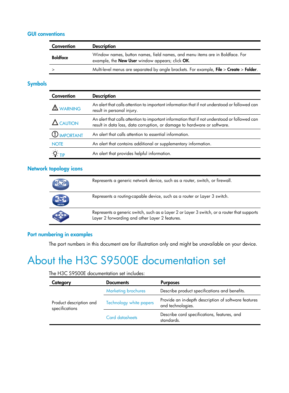 Gui conventions, Symbols, Network topology icons | Port numbering in examples, About the h3c s9500e documentation set | H3C Technologies H3C S9500E Series Switches User Manual | Page 4 / 154