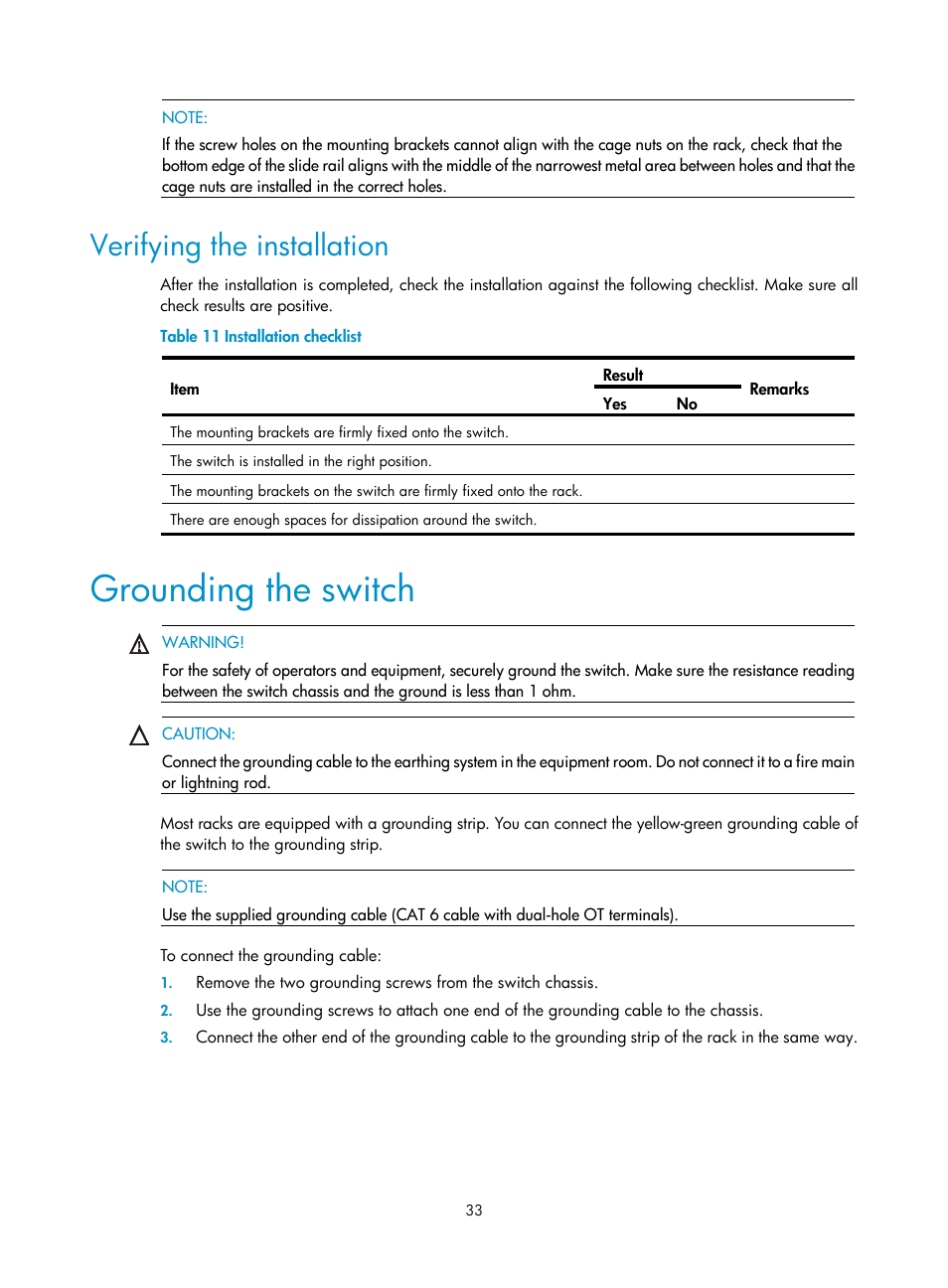 Verifying the installation, Grounding the switch | H3C Technologies H3C S9500E Series Switches User Manual | Page 43 / 154