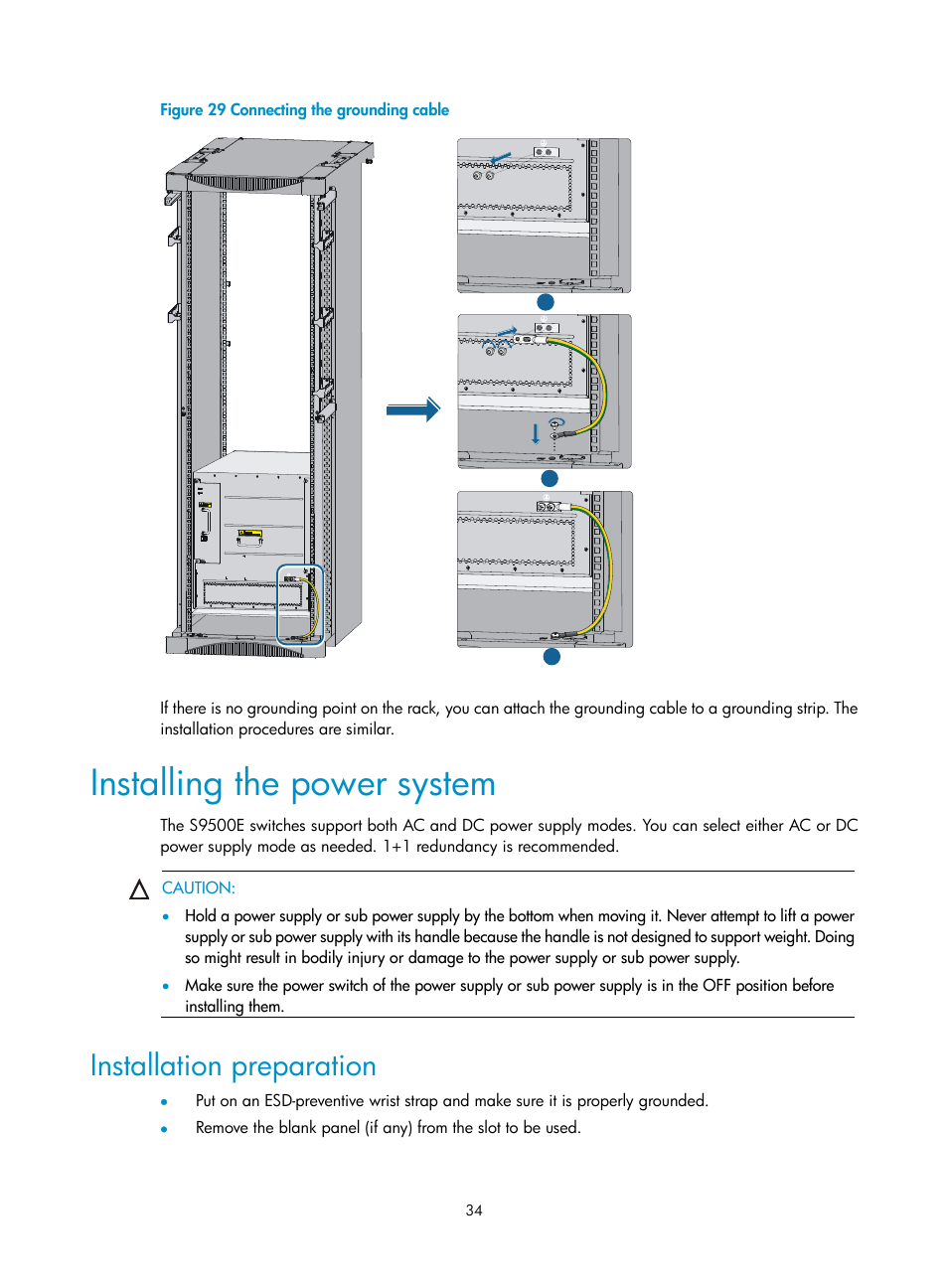 Installing the power system, Installation preparation | H3C Technologies H3C S9500E Series Switches User Manual | Page 44 / 154