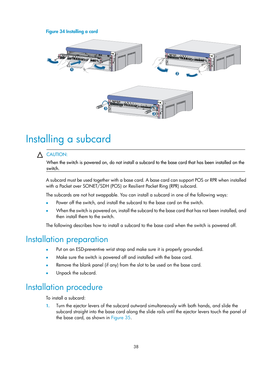 Installing a subcard, Installation preparation, Installation procedure | H3C Technologies H3C S9500E Series Switches User Manual | Page 48 / 154