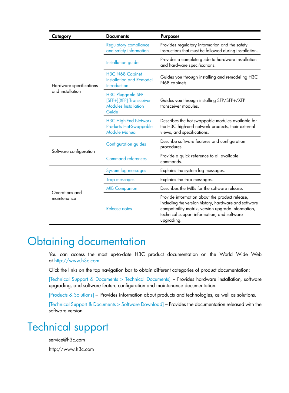 Obtaining documentation, Technical support | H3C Technologies H3C S9500E Series Switches User Manual | Page 5 / 154