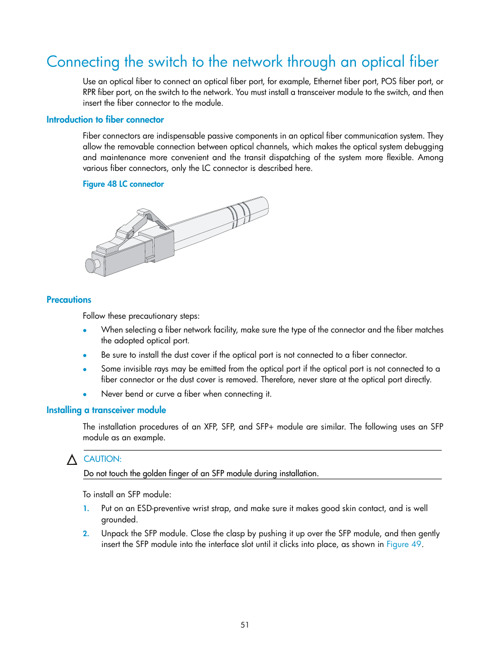 Introduction to fiber connector, Precautions, Installing a transceiver module | H3C Technologies H3C S9500E Series Switches User Manual | Page 61 / 154