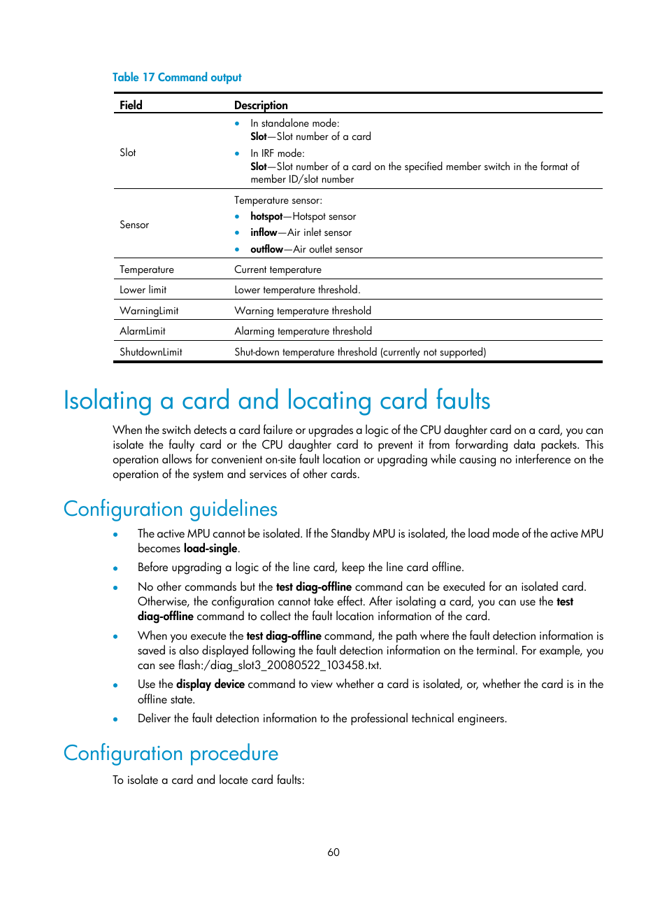 Isolating a card and locating card faults, Configuration guidelines, Configuration procedure | H3C Technologies H3C S9500E Series Switches User Manual | Page 70 / 154