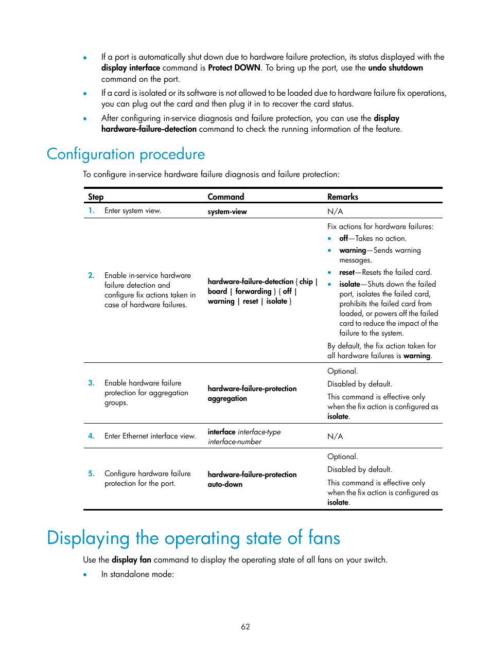 Configuration procedure, Displaying the operating state of fans | H3C Technologies H3C S9500E Series Switches User Manual | Page 72 / 154