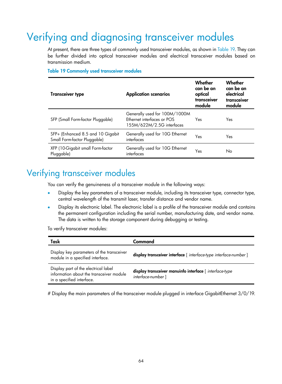 Verifying and diagnosing transceiver modules, Verifying transceiver modules | H3C Technologies H3C S9500E Series Switches User Manual | Page 74 / 154