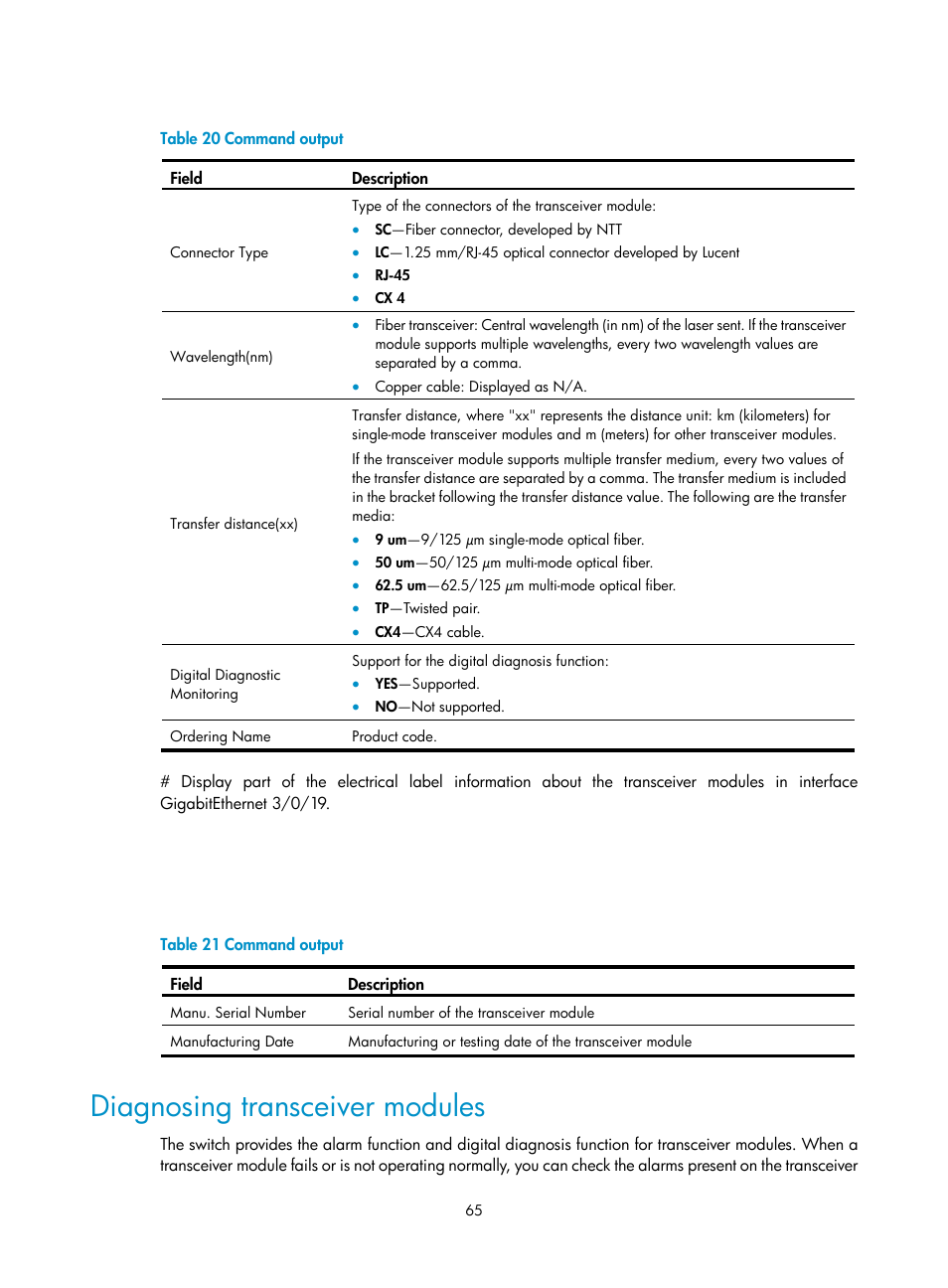 Diagnosing transceiver modules | H3C Technologies H3C S9500E Series Switches User Manual | Page 75 / 154