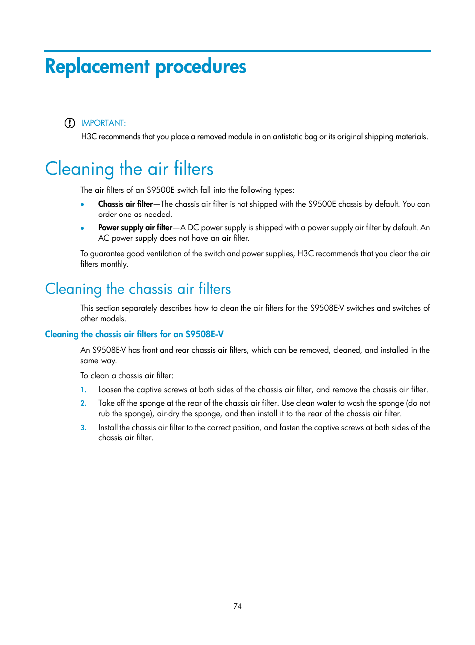 Replacement procedures, Cleaning the air filters, Cleaning the chassis air filters | Cleaning the chassis air filters for an s9508e-v | H3C Technologies H3C S9500E Series Switches User Manual | Page 84 / 154