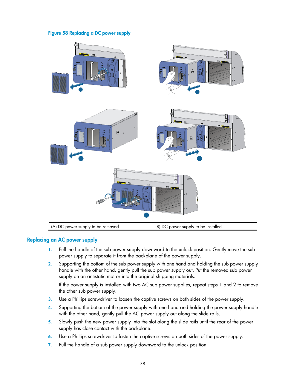 Replacing an ac power supply | H3C Technologies H3C S9500E Series Switches User Manual | Page 88 / 154