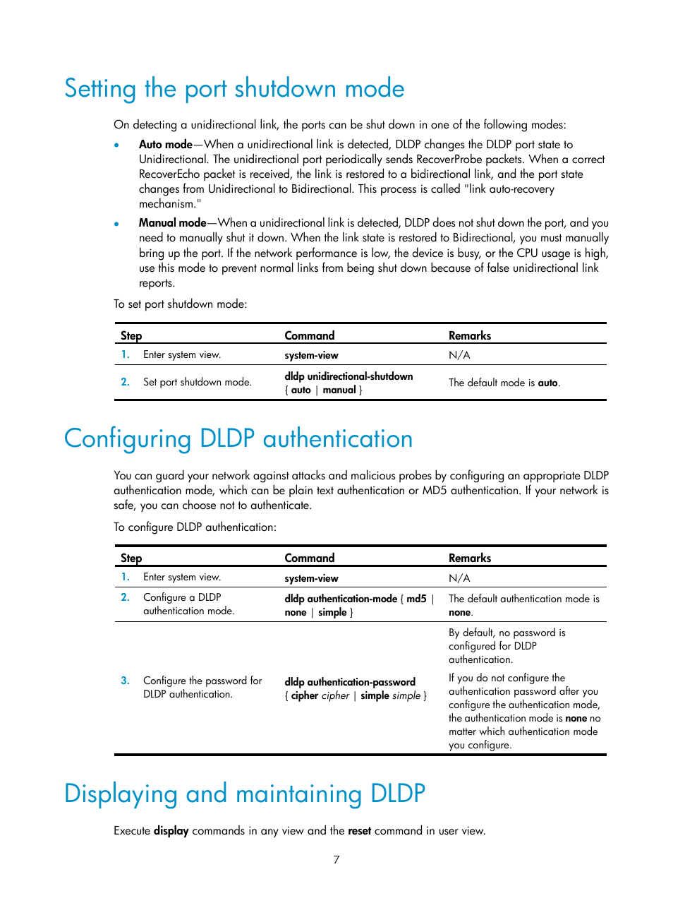 Setting the port shutdown mode, Configuring dldp authentication, Displaying and maintaining dldp | H3C Technologies H3C S6800 Series Switches User Manual | Page 15 / 68