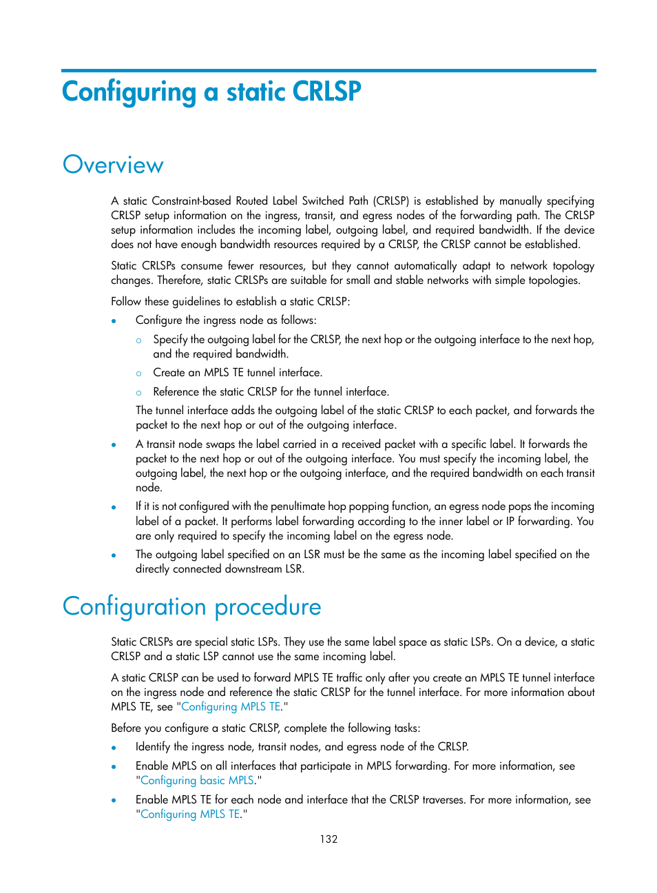 Configuring a static crlsp, Overview, Configuration procedure | H3C Technologies H3C S6800 Series Switches User Manual | Page 145 / 526