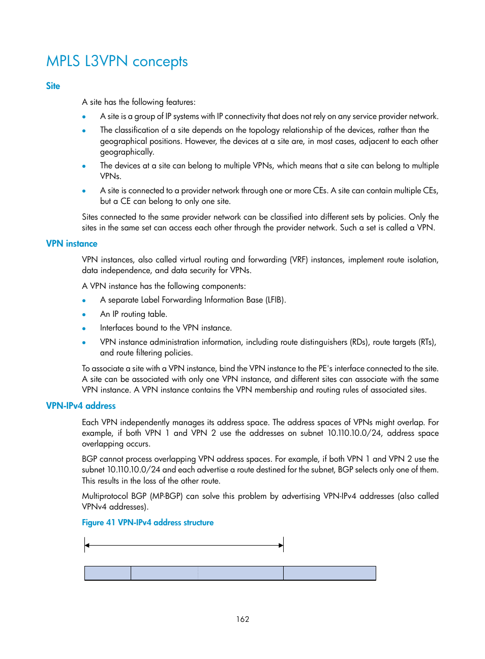 Mpls l3vpn concepts, Site, Vpn instance | Vpn-ipv4 address | H3C Technologies H3C S6800 Series Switches User Manual | Page 175 / 526