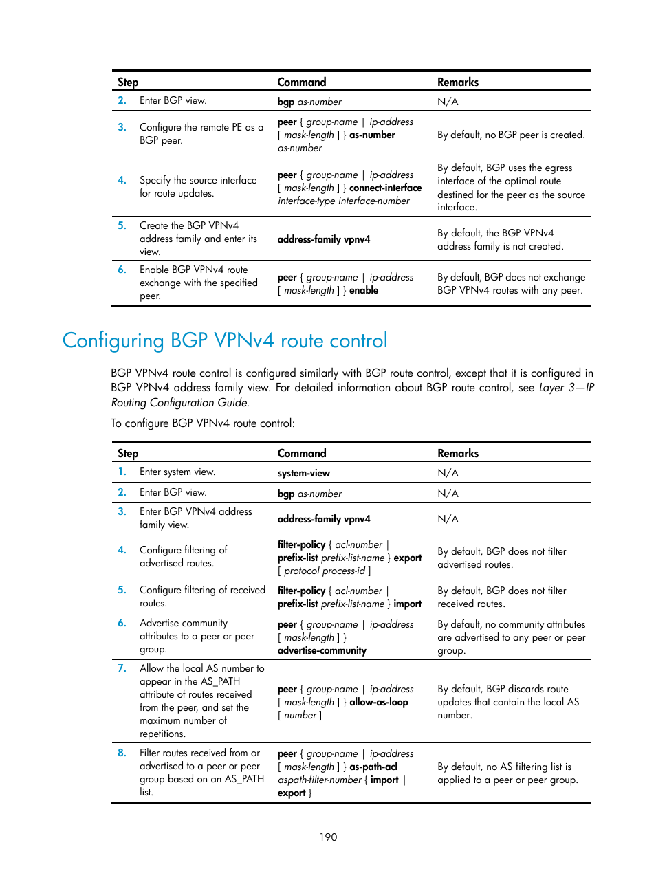 Configuring bgp vpnv4 route control | H3C Technologies H3C S6800 Series Switches User Manual | Page 203 / 526