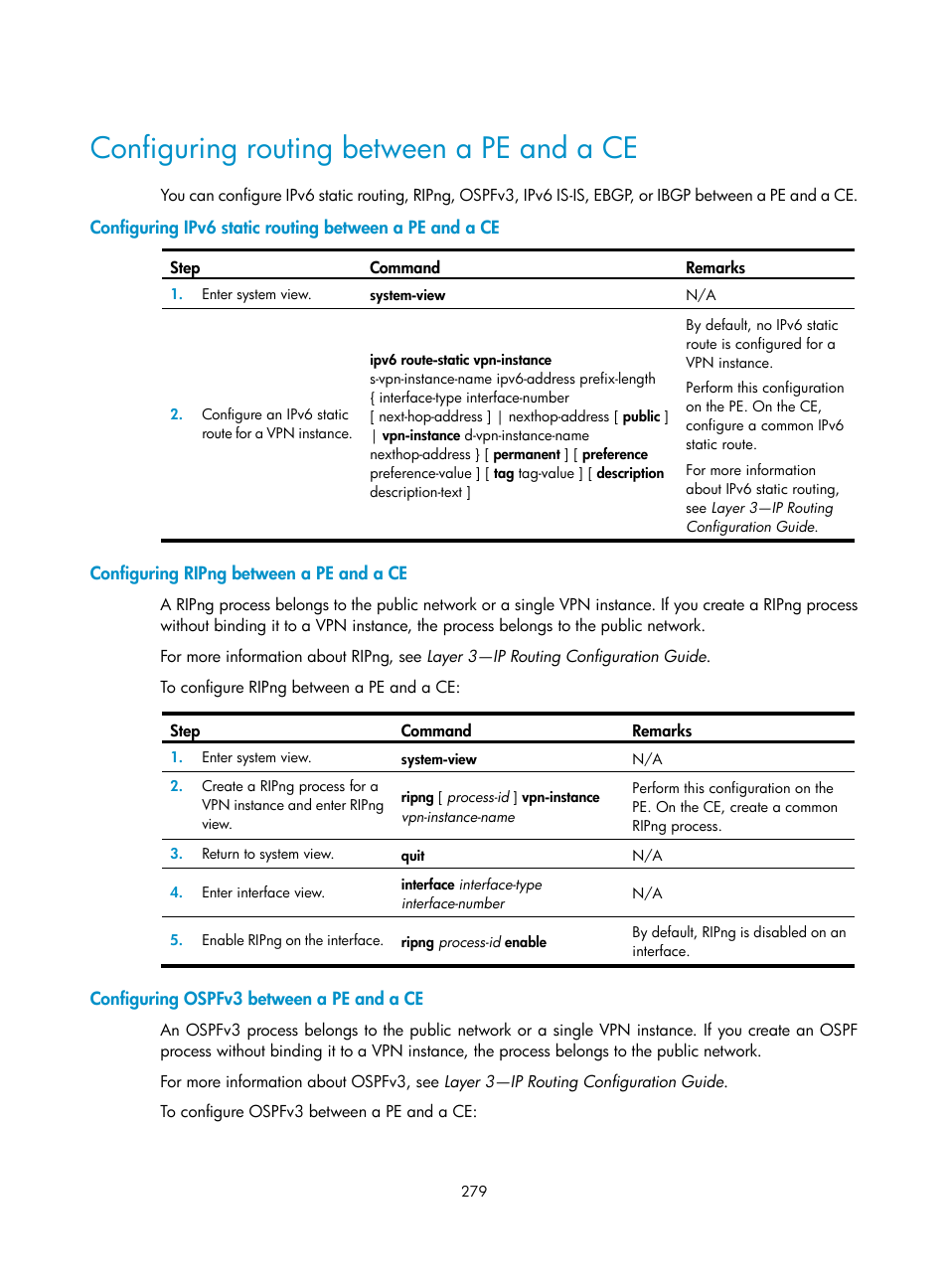 Configuring routing between a pe and a ce, Configuring ripng between a pe and a ce, Configuring ospfv3 between a pe and a ce | Required.) | H3C Technologies H3C S6800 Series Switches User Manual | Page 292 / 526