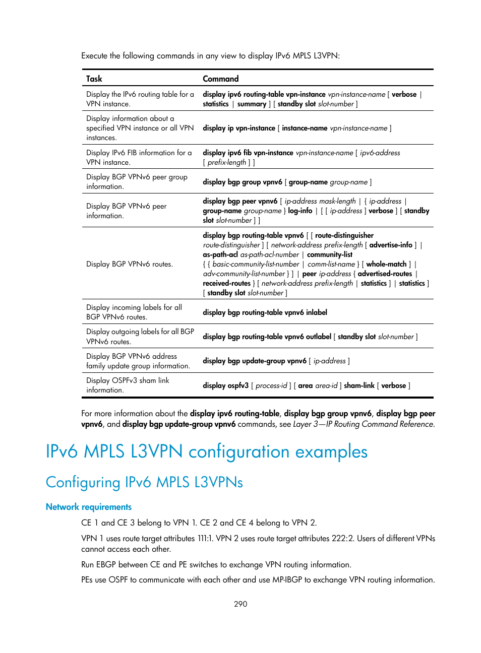 Ipv6 mpls l3vpn configuration examples, Configuring ipv6 mpls l3vpns, Network requirements | H3C Technologies H3C S6800 Series Switches User Manual | Page 303 / 526