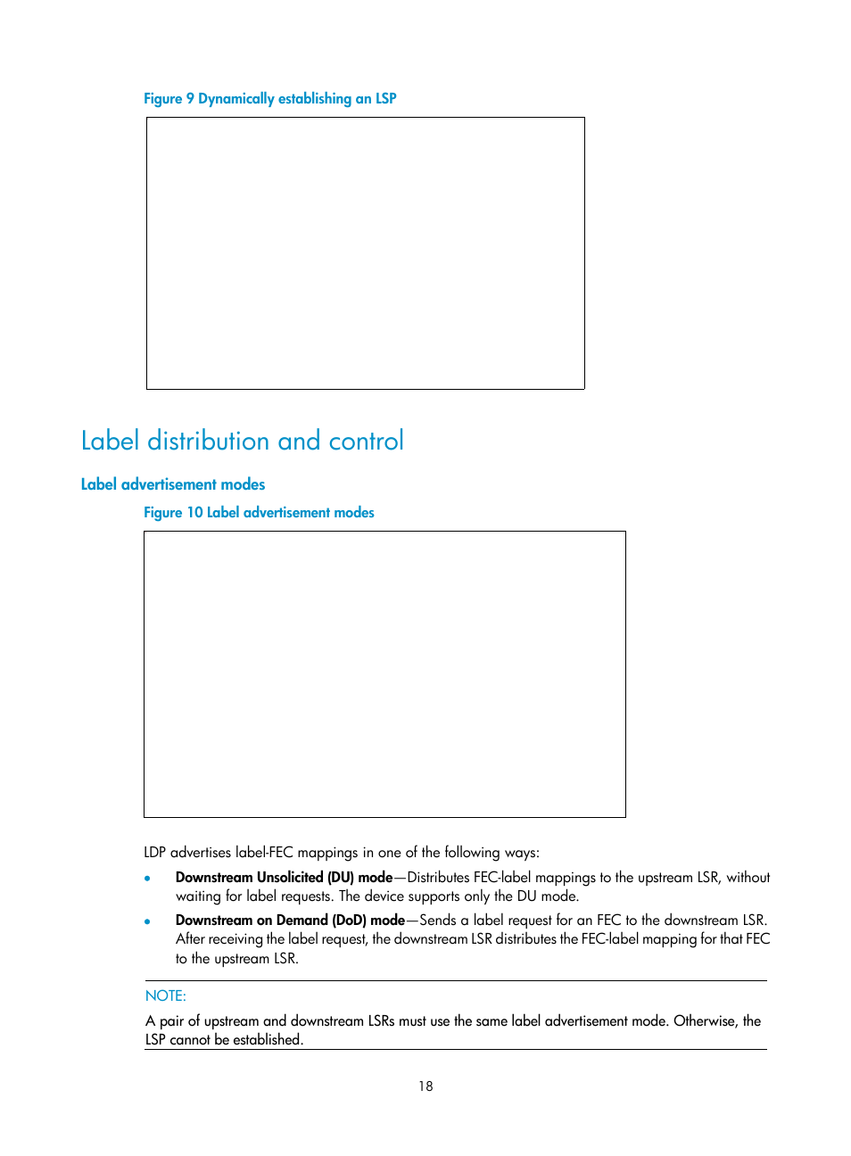 Label distribution and control, Label advertisement modes | H3C Technologies H3C S6800 Series Switches User Manual | Page 31 / 526