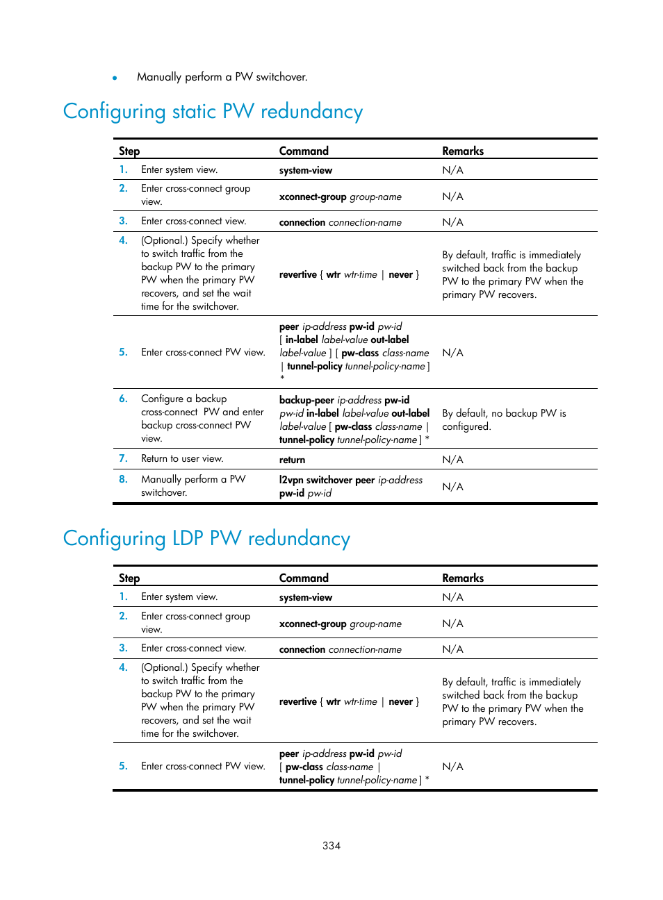 Configuring static pw redundancy, Configuring ldp pw redundancy | H3C Technologies H3C S6800 Series Switches User Manual | Page 347 / 526