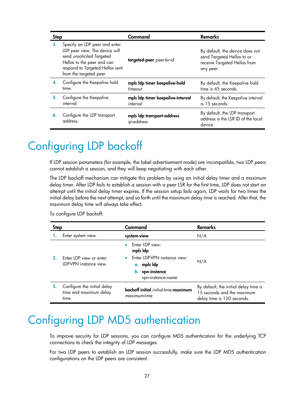 Configuring ldp backoff, Configuring ldp md5 authentication | H3C Technologies H3C S6800 Series Switches User Manual | Page 40 / 526