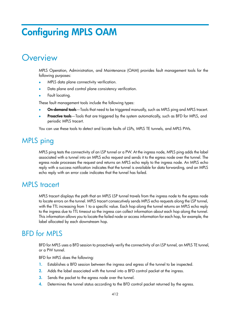 Configuring mpls oam, Overview, Mpls ping | Mpls tracert, Bfd for mpls | H3C Technologies H3C S6800 Series Switches User Manual | Page 425 / 526