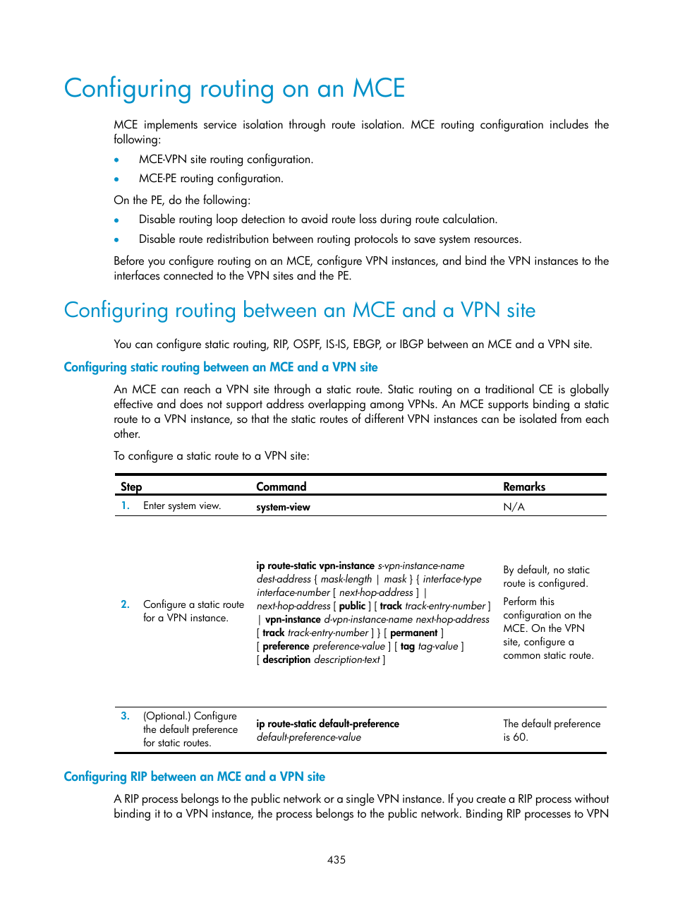 Configuring routing on an mce, Configuring routing between an mce and a vpn site, Configuring rip between an mce and a vpn site | H3C Technologies H3C S6800 Series Switches User Manual | Page 448 / 526