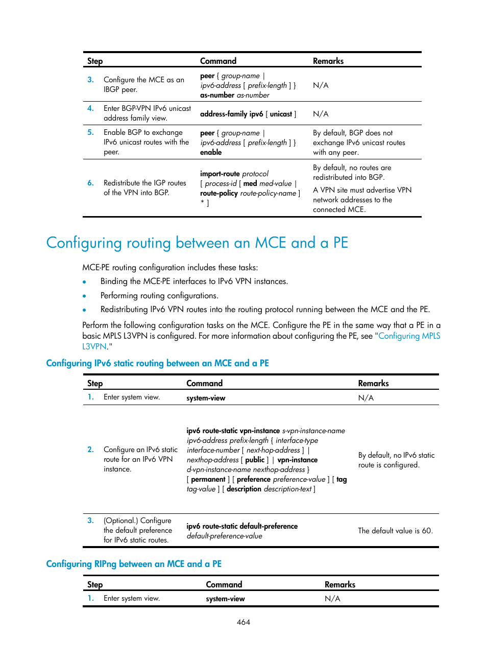 Configuring routing between an mce and a pe, Configuring ripng between an mce and a pe | H3C Technologies H3C S6800 Series Switches User Manual | Page 477 / 526