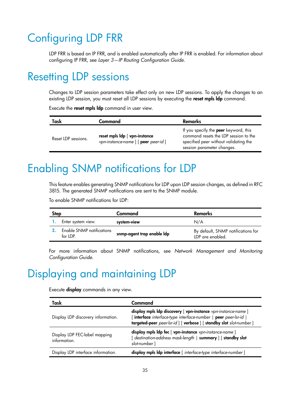 Configuring ldp frr, Resetting ldp sessions, Enabling snmp notifications for ldp | Displaying and maintaining ldp | H3C Technologies H3C S6800 Series Switches User Manual | Page 48 / 526