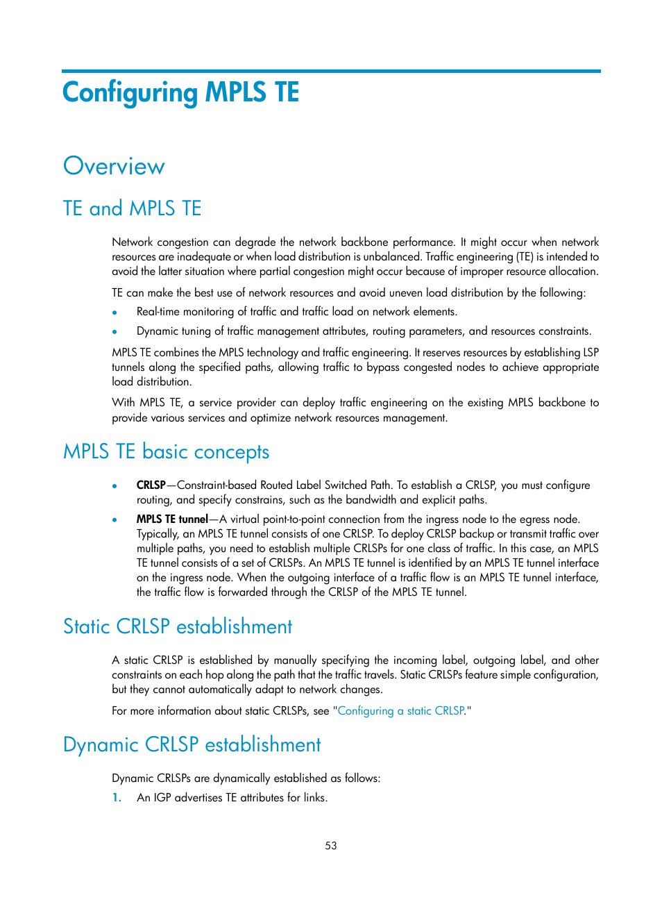 Configuring mpls te, Overview, Te and mpls te | Mpls te basic concepts, Static crlsp establishment, Dynamic crlsp establishment | H3C Technologies H3C S6800 Series Switches User Manual | Page 66 / 526