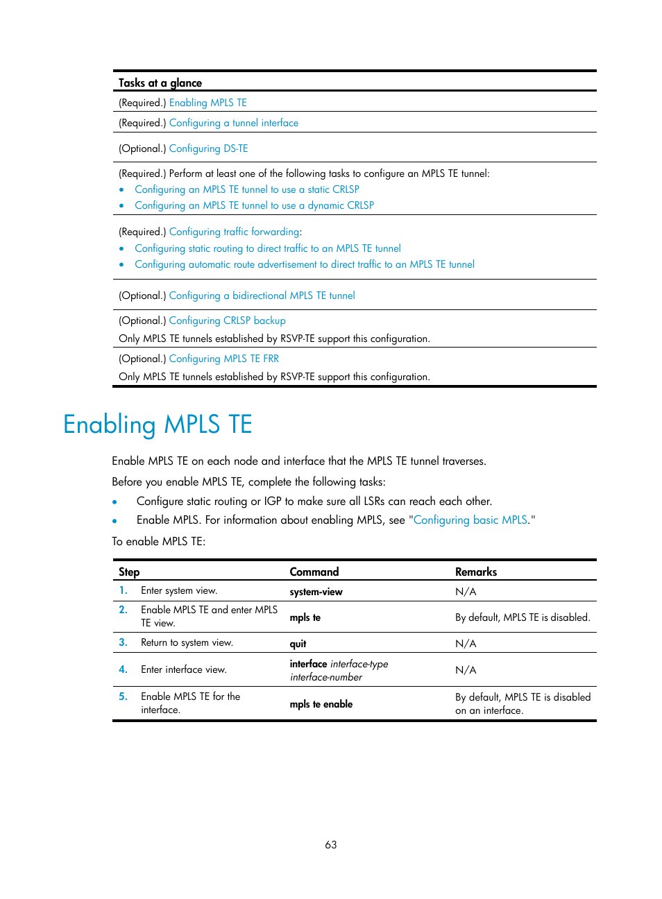 Enabling mpls te | H3C Technologies H3C S6800 Series Switches User Manual | Page 76 / 526