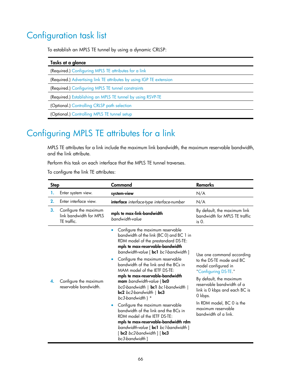 Configuration task list, Configuring mpls te attributes for a link | H3C Technologies H3C S6800 Series Switches User Manual | Page 79 / 526