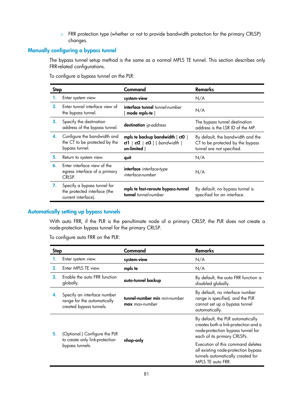 Manually configuring a bypass tunnel, Automatically setting up bypass tunnels | H3C Technologies H3C S6800 Series Switches User Manual | Page 94 / 526