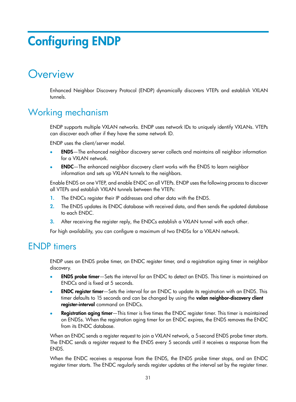 Configuring endp, Overview, Working mechanism | Endp timers, Configuring, Endp | H3C Technologies H3C S6800 Series Switches User Manual | Page 39 / 85