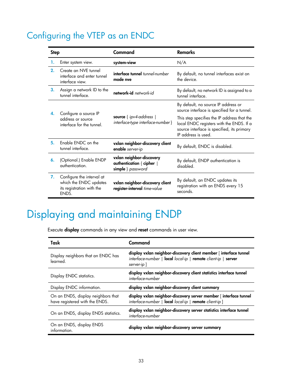 Configuring the vtep as an endc, Displaying and maintaining endp | H3C Technologies H3C S6800 Series Switches User Manual | Page 41 / 85