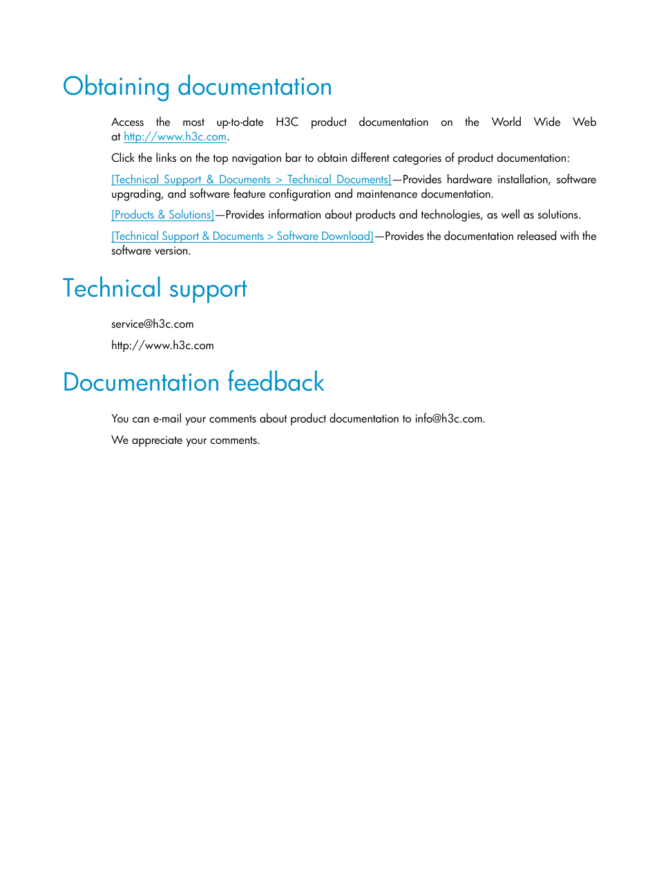 Obtaining documentation, Technical support, Documentation feedback | H3C Technologies H3C S6800 Series Switches User Manual | Page 6 / 85