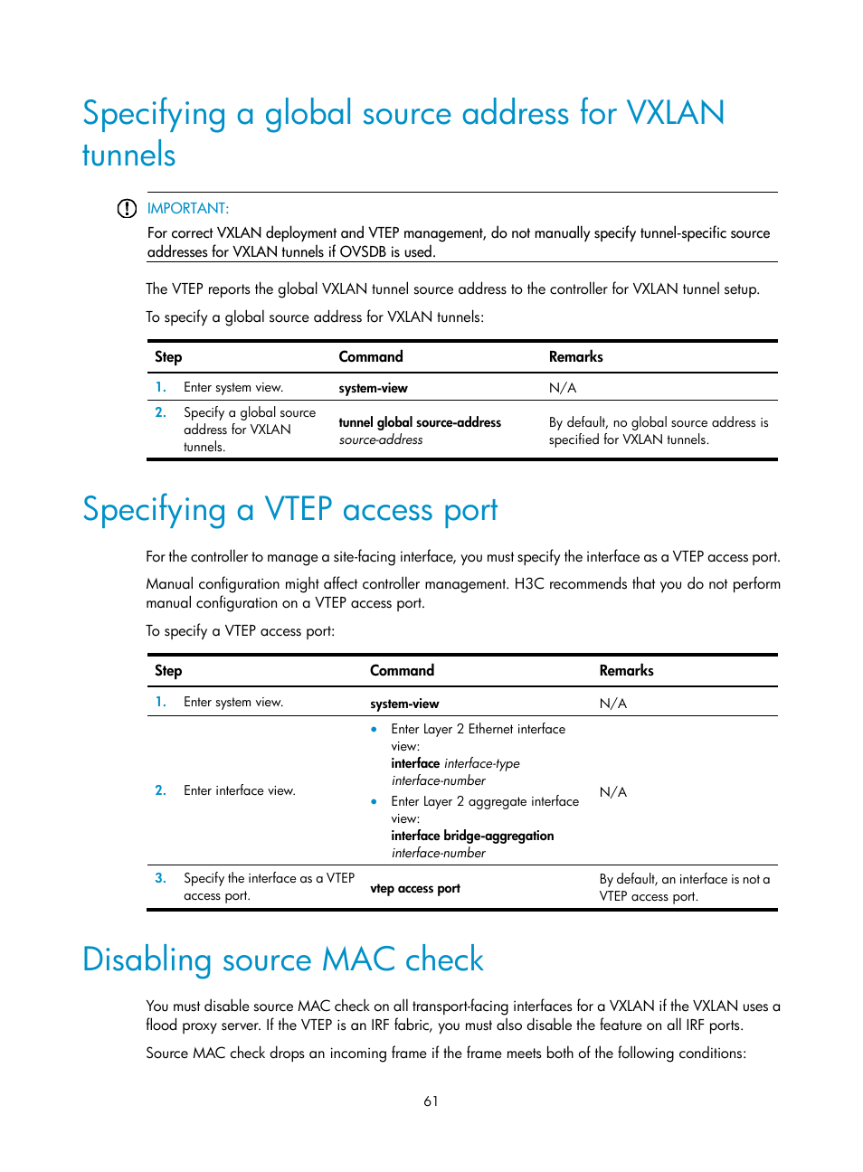Specifying a vtep access port, Disabling source mac check, Required.) | H3C Technologies H3C S6800 Series Switches User Manual | Page 69 / 85
