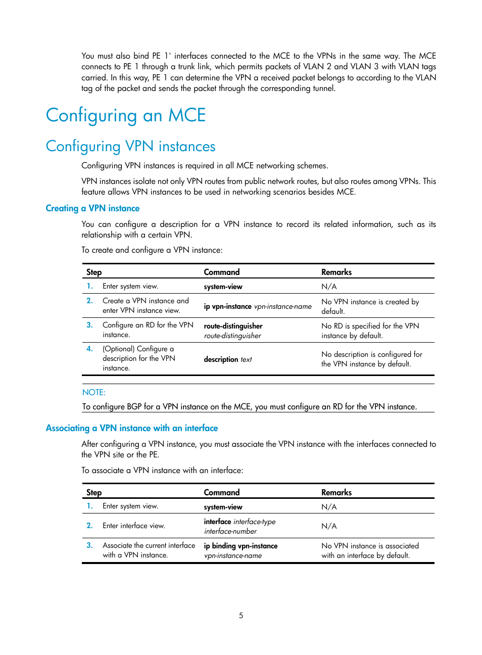 Configuring an mce, Configuring vpn instances, Creating a vpn instance | Associating a vpn instance with an interface | H3C Technologies H3C S5820V2 Series Switches User Manual | Page 11 / 29