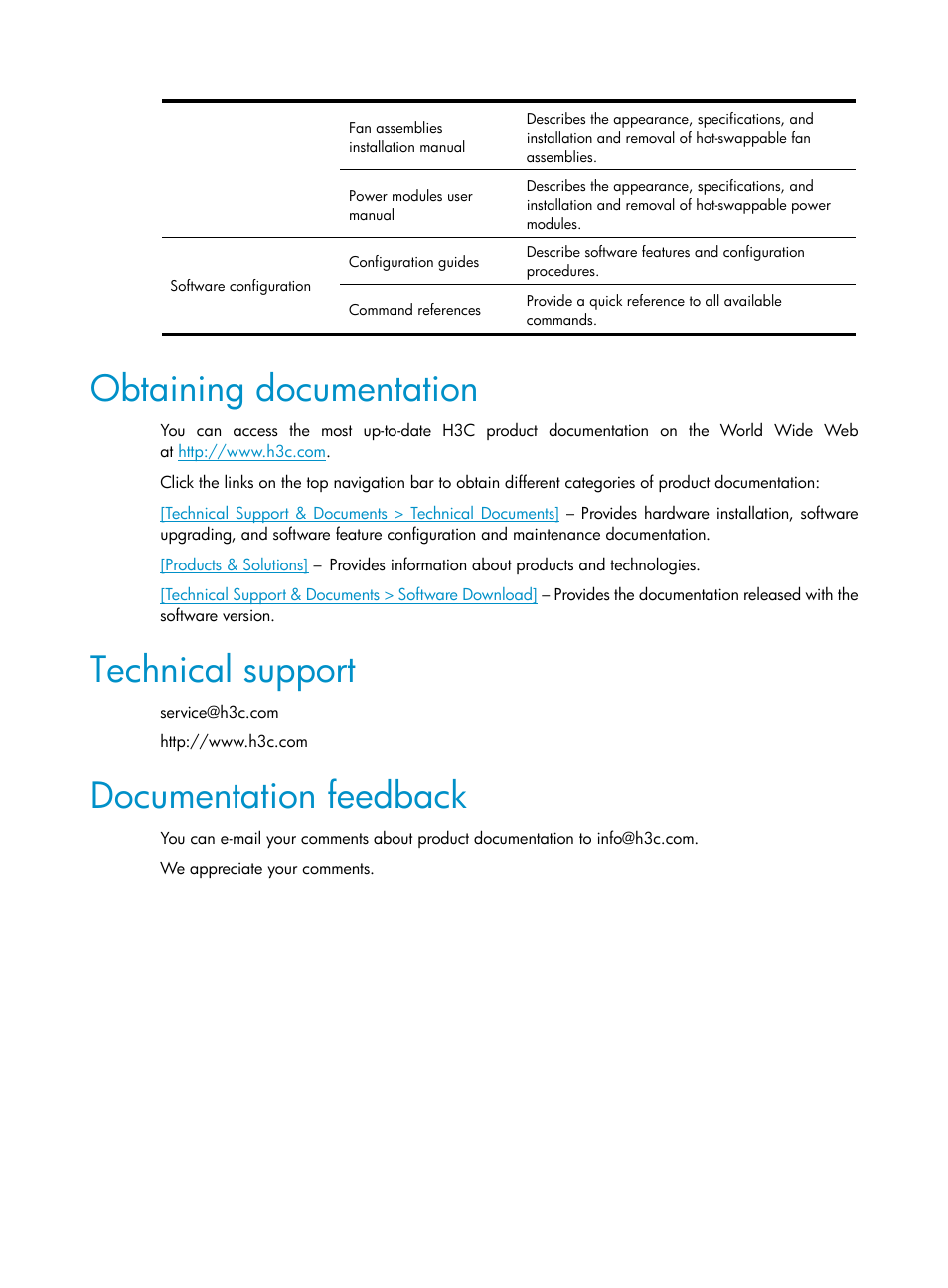 Obtaining documentation, Technical support, Documentation feedback | H3C Technologies H3C S5820V2 Series Switches User Manual | Page 5 / 29