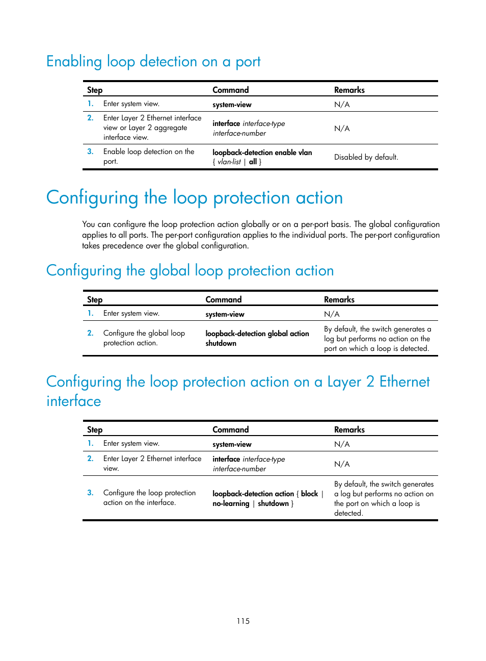 Enabling loop detection on a port, Configuring the loop protection action, Configuring the global loop protection action | H3C Technologies H3C S5560 Series Switches User Manual | Page 149 / 321