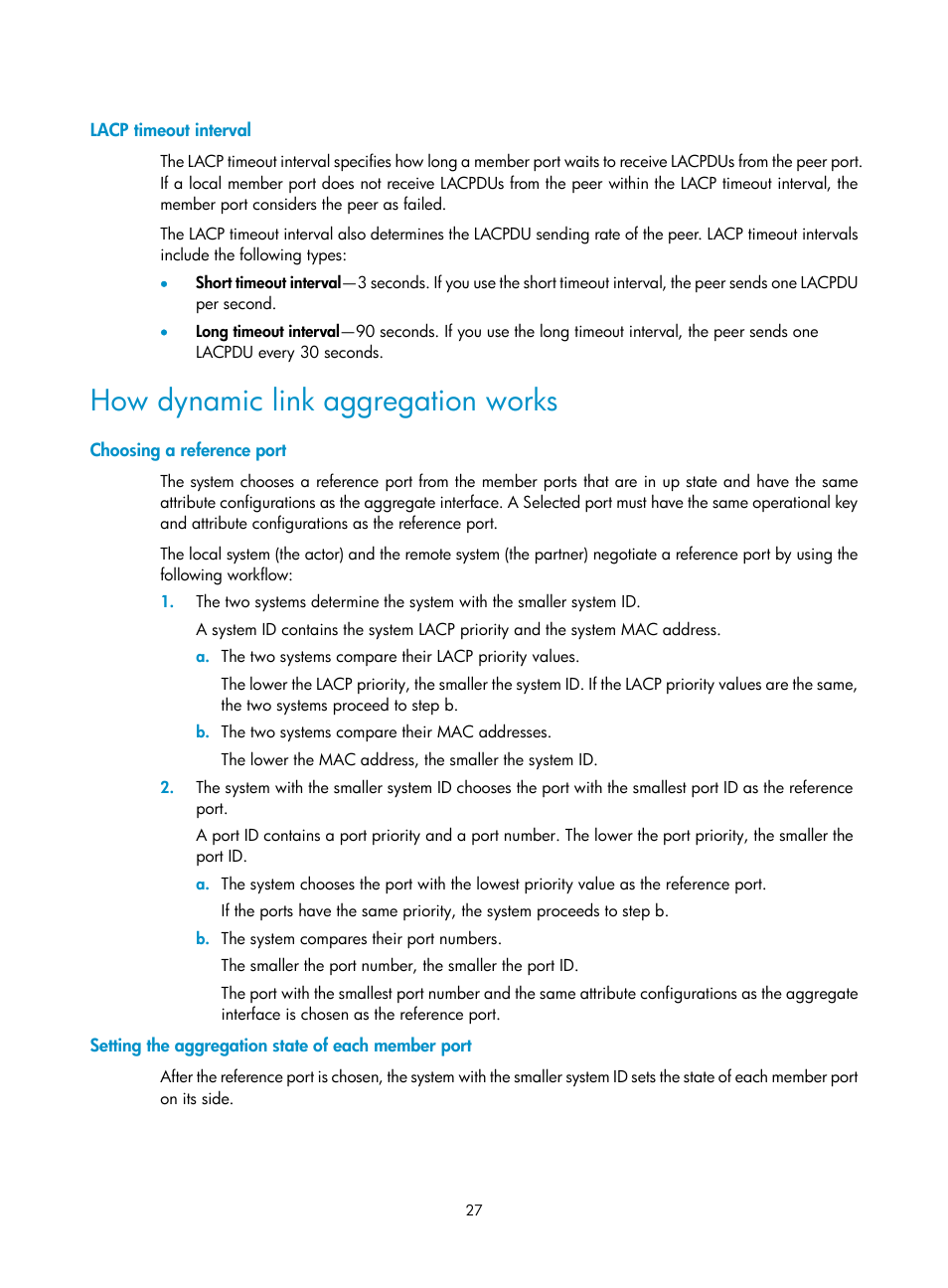 Lacp timeout interval, How dynamic link aggregation works, Choosing a reference port | Setting the aggregation state of each member port | H3C Technologies H3C S5560 Series Switches User Manual | Page 61 / 321