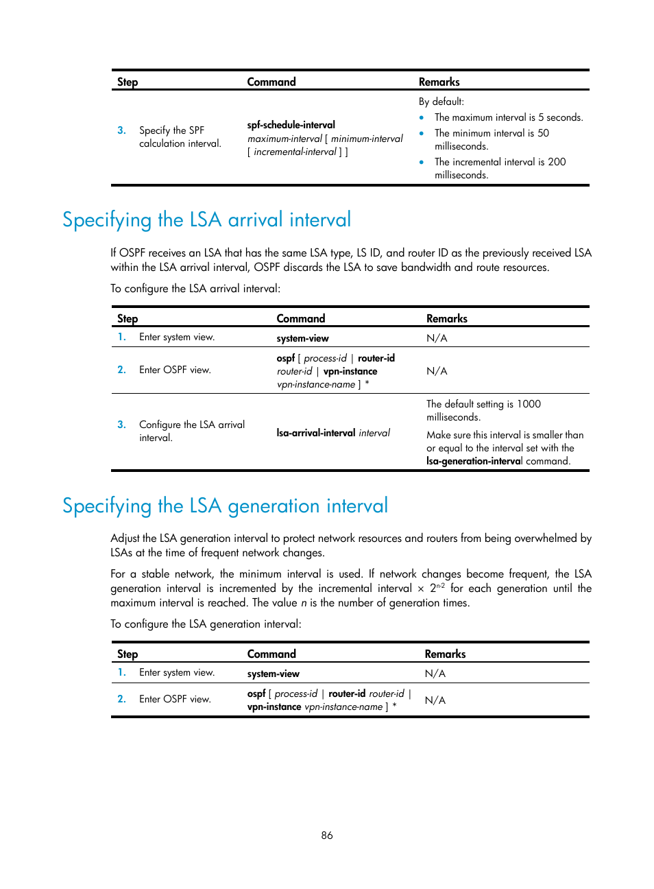 Specifying the lsa arrival interval, Specifying the lsa generation interval | H3C Technologies H3C S5560 Series Switches User Manual | Page 102 / 510