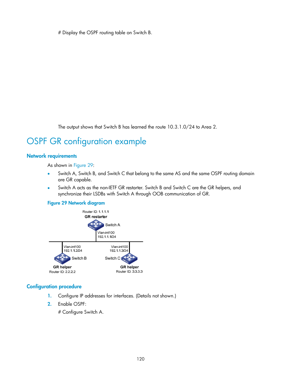 Ospf gr configuration example, Network requirements, Configuration procedure | H3C Technologies H3C S5560 Series Switches User Manual | Page 136 / 510