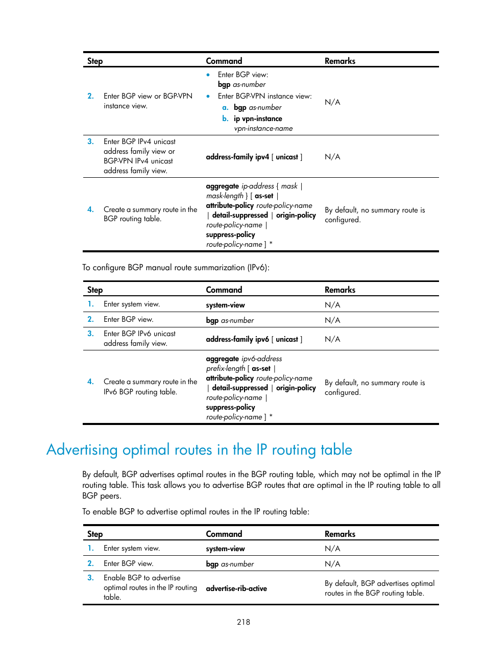 Advertising optimal routes in the ip routing table | H3C Technologies H3C S5560 Series Switches User Manual | Page 234 / 510