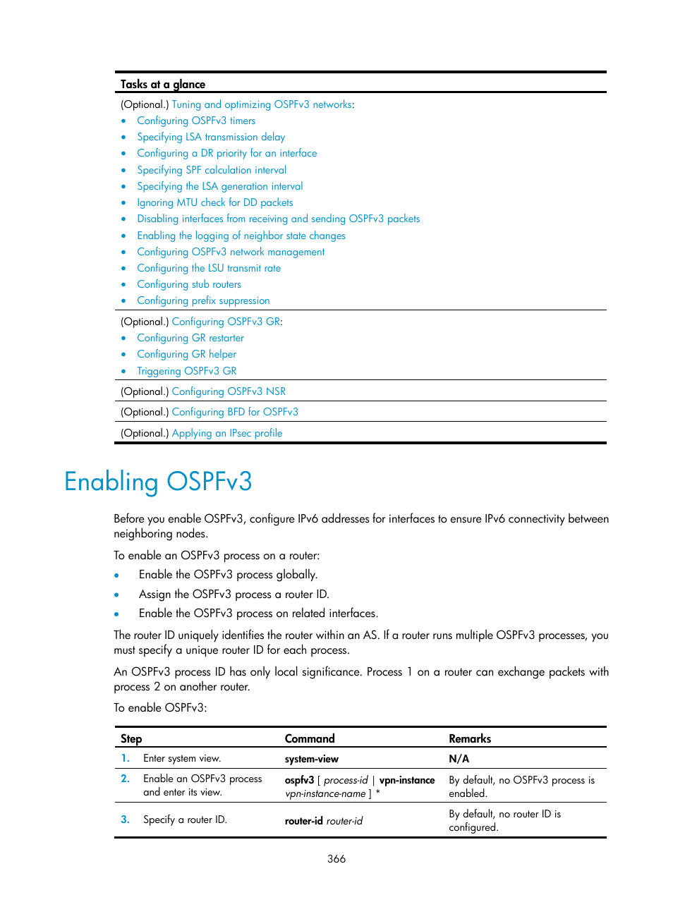 Enabling ospfv3, Required.) | H3C Technologies H3C S5560 Series Switches User Manual | Page 382 / 510