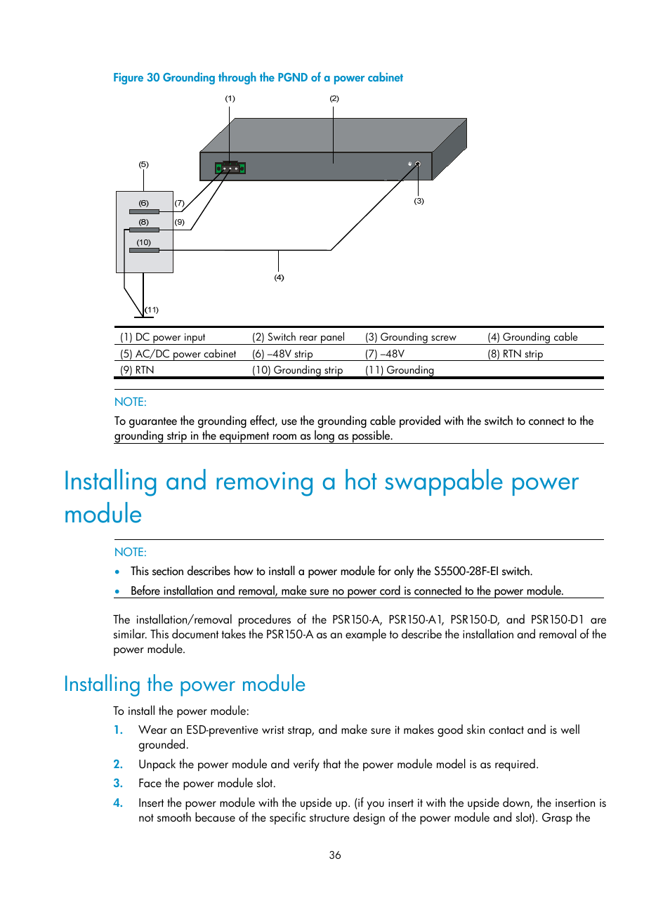 Installing the power module, Installing and removing a hot swappable power, Module | H3C Technologies H3C S5500 Series Switches User Manual | Page 44 / 69