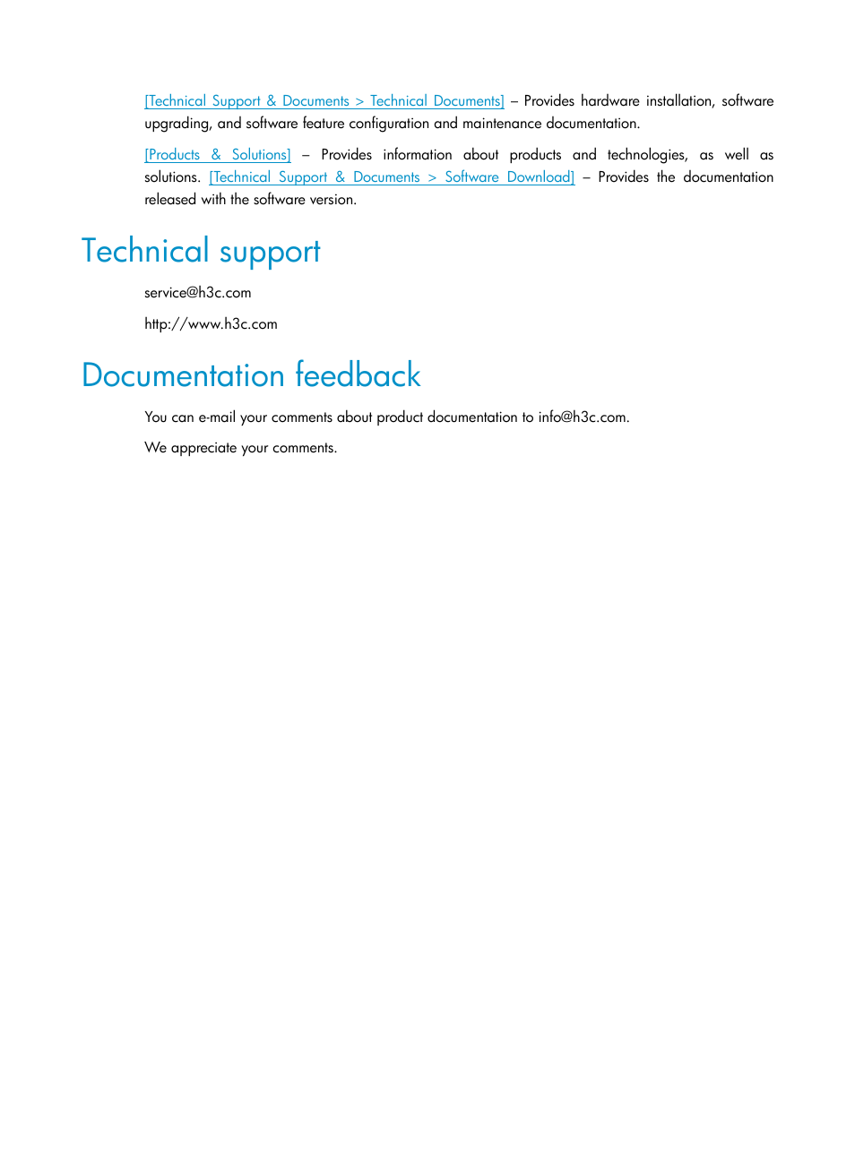 Technical support, Documentation feedback | H3C Technologies H3C S5500 Series Switches User Manual | Page 6 / 69