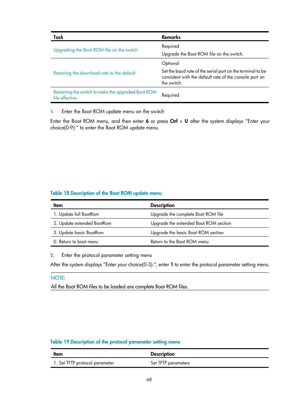 Enter the boot rom update menu on the switch, Enter the protocol parameter setting menu | H3C Technologies H3C S5120 Series Switches User Manual | Page 56 / 74