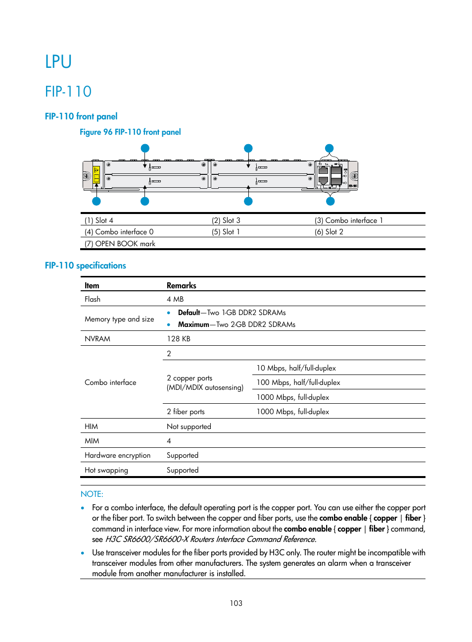 Fip-110, Fip-110 front panel, Fip-110 specifications | H3C Technologies H3C SR6600-X User Manual | Page 113 / 150