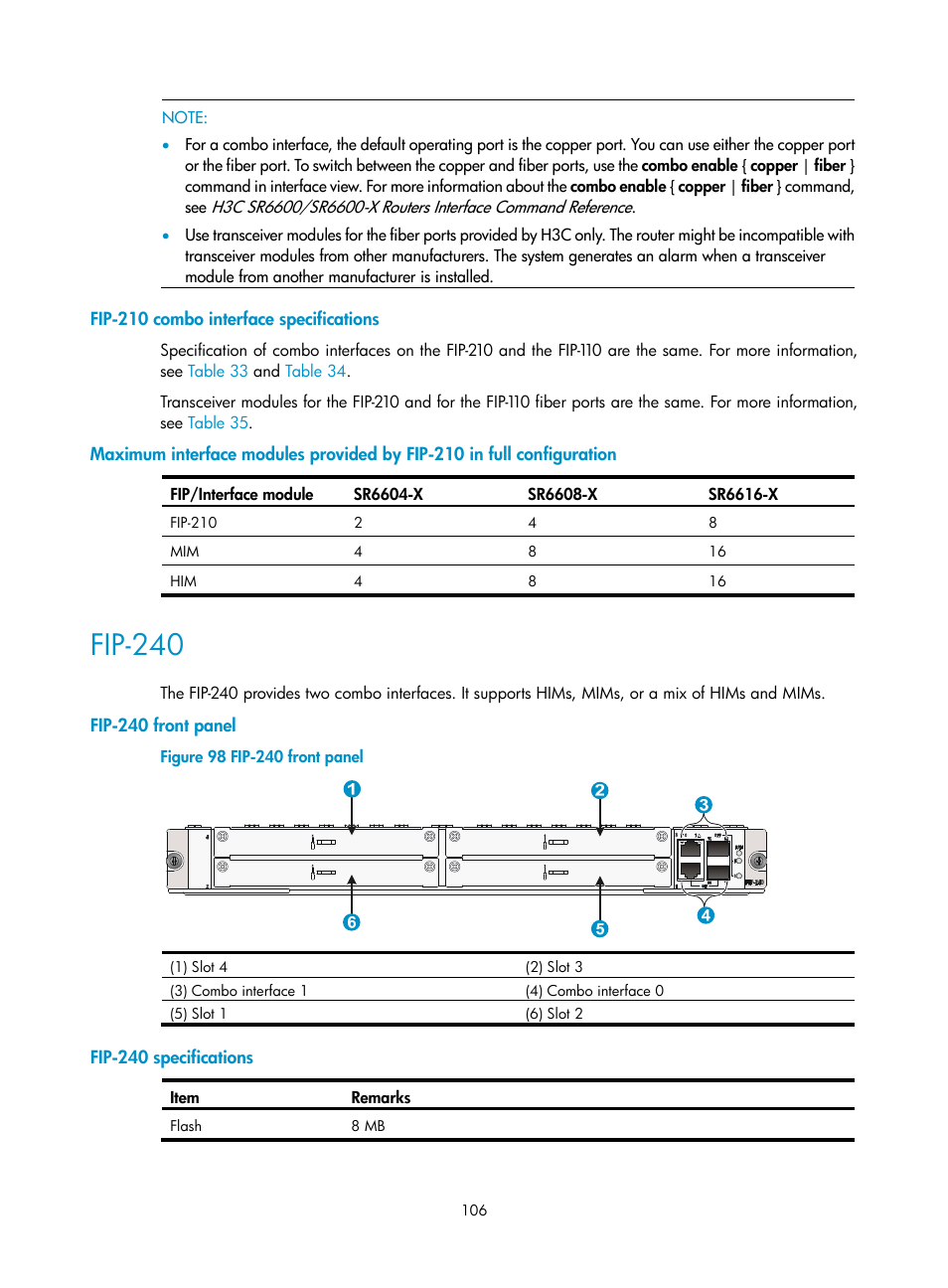 Fip-210 combo interface specifications, Fip-240, Fip-240 front panel | Fip-240 specifications | H3C Technologies H3C SR6600-X User Manual | Page 116 / 150