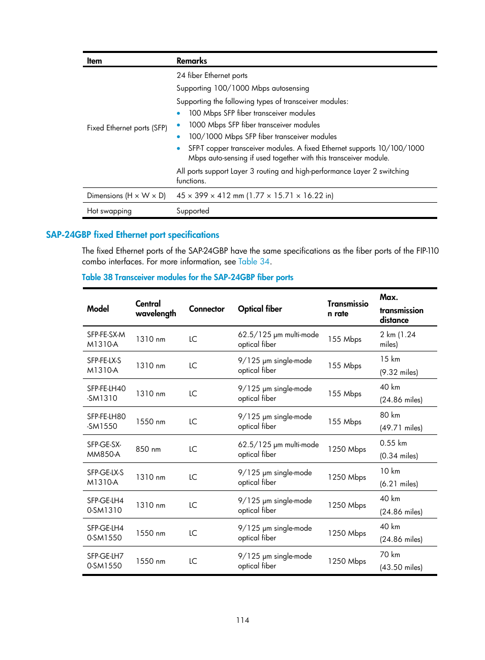 Sap-24gbp fixed ethernet port specifications | H3C Technologies H3C SR6600-X User Manual | Page 124 / 150